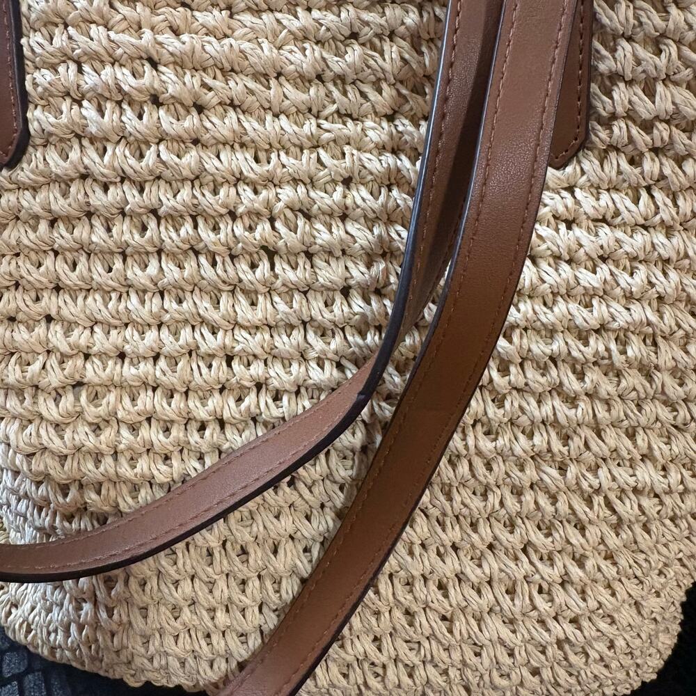 Lauren Ralph Lauren Whitney Medium Crochet Straw Tote Bag Tan Leather Tassel - Picture 8 of 16